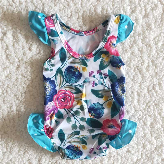 RTS Children Boutique Kids Blue Flower Swimsuits 2pcs Ruffle Baby Girls Toddler Fashion Boutique Outfits Clothing Sets