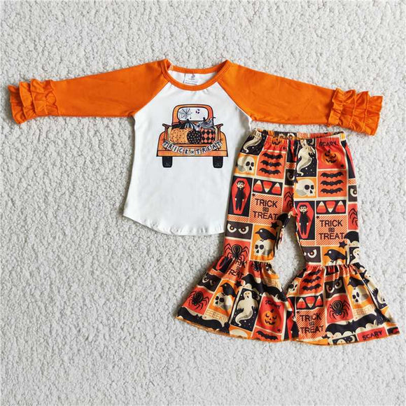 6 A7-30  Orange Car Pumpkin Print Long Sleeve Top with Pumpkin Print Pants for Girls