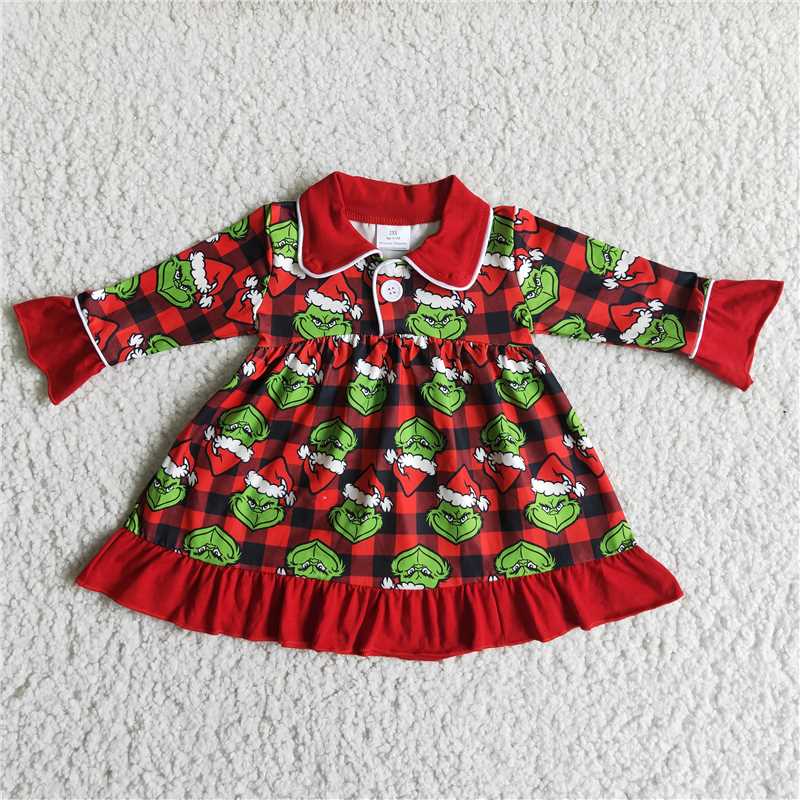 6 A1-28  Anime Character Green Monster Print Christmas Dress