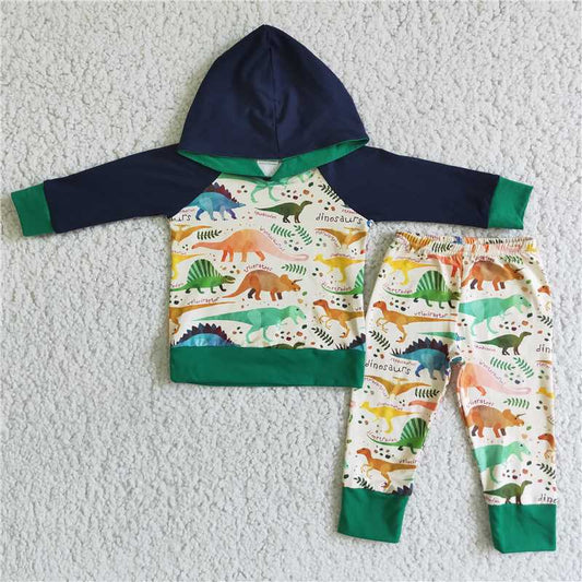 6 B9-17   Dinosaur-print long-sleeve hooded top and trousers set