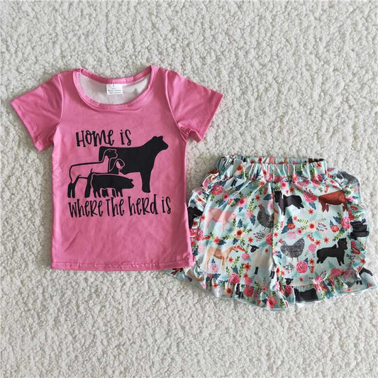 B5-22  Pink Animal Print Short Sleeve Top with Animal Shorts