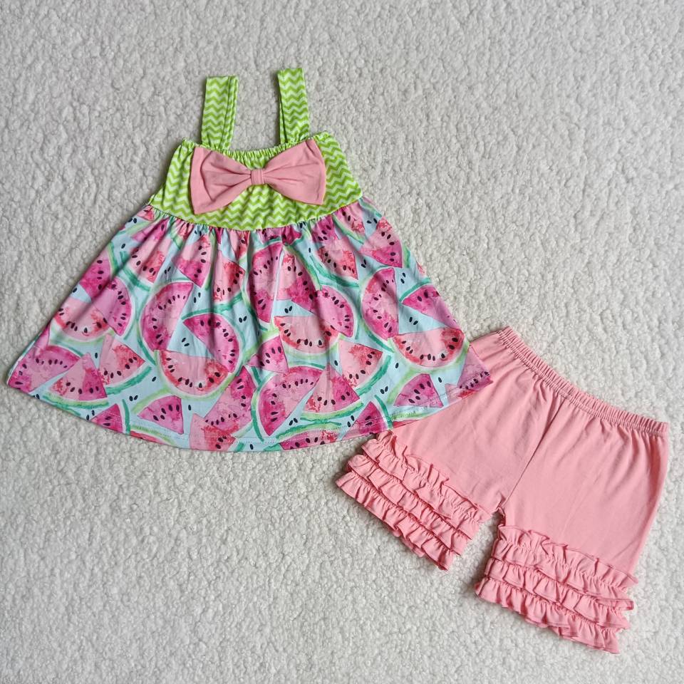 B3-3   Watermelon bow suspender top with pink shorts