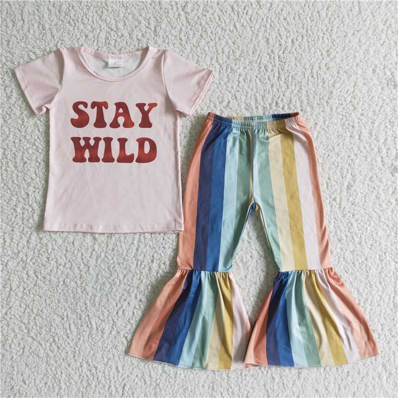 C11-3   Pink lettered short-sleeved top with striped flared pants