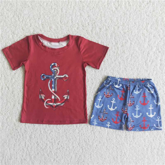 C14-39 Burgundy anchor print short-sleeved top with printed blue shorts