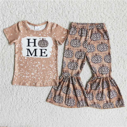 A10-13 Letter Short Sleeve Top with Pumpkin Print Light Brown Flare Pants