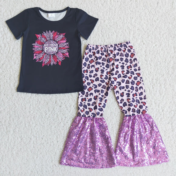 C4-21  Sunflower floral black short-sleeved top with purple leopard-patterned sequin flared pants