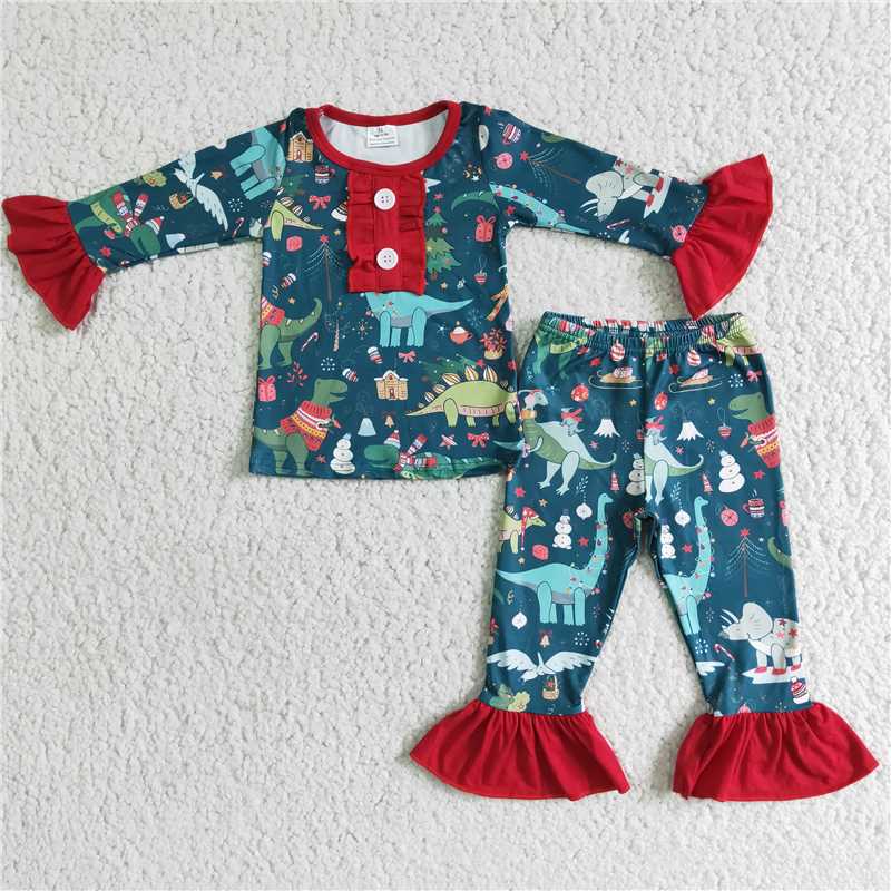 6 A4-28    Girls Dinosaur Pattern Christmas Long Sleeve Pants Set