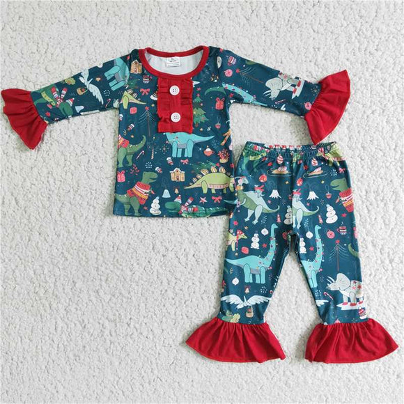 6 A4-28    Girls Dinosaur Pattern Christmas Long Sleeve Pants Set