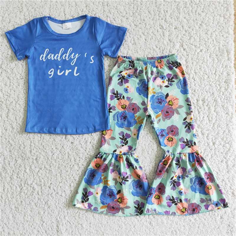 E2-4  Blue lettered short-sleeved top with floral print flared pants