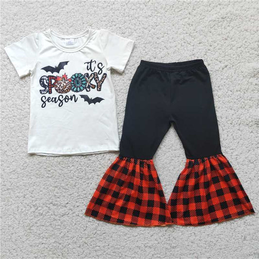 E4-17 Pumpkin bat print short-sleeved top with black and red plaid stitching black flared pants