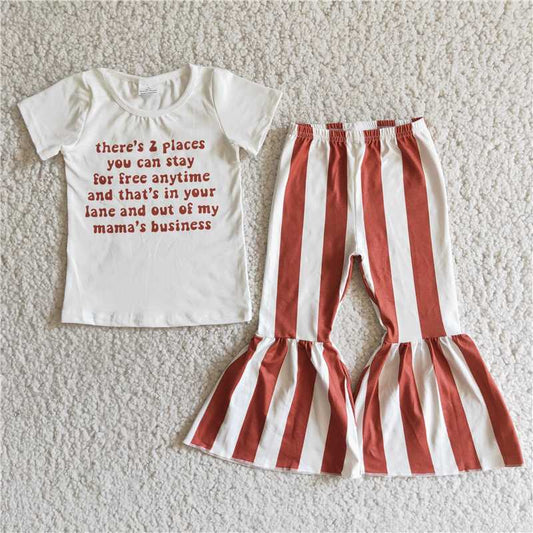 E4-4 Letter-print white short-sleeved top with brown and white panelled flared pants
