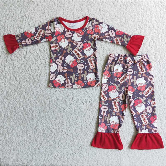 6 A6-14   Girls Guitar Santa Print Long Sleeve Trousers Set