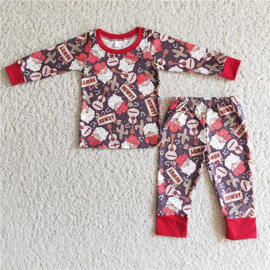 6 B4-25   Guitar Christmas Elements Printed Long Sleeve Trousers Suit for Boys