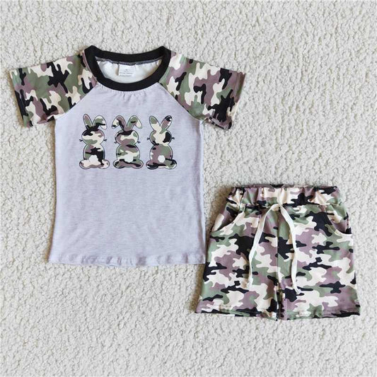 E5-14  Grey Camo Panel Rabbit Print Short Sleeve Shorts Set