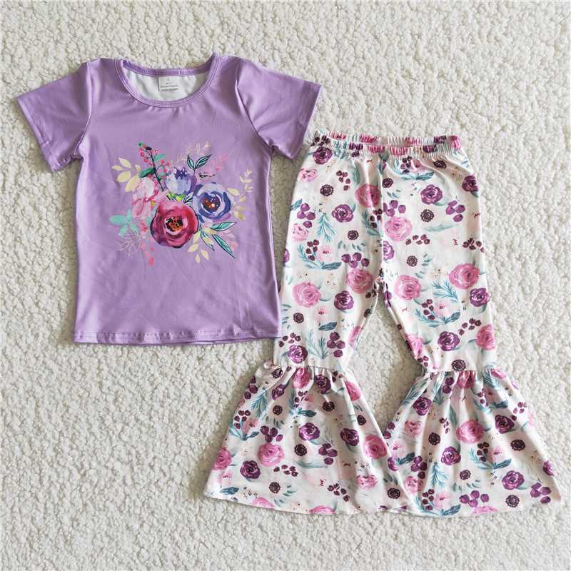 E7-3 Floral purple short-sleeved top with white floral flared trousers