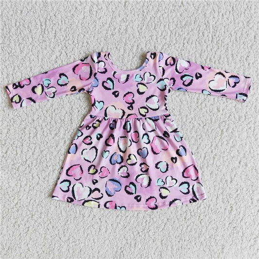6 A25-18 Girls Colorful Heart Pattern Print Long Sleeve Dress