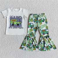 E8-2   Spring and Fall Clothing  White short-sleeved top with car graphic green flared pants