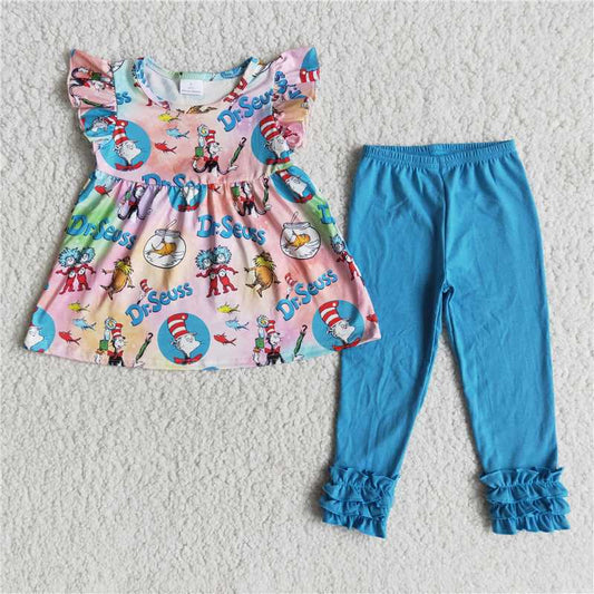 E13-11   New cartoon movie print short-sleeved top with blue trousers