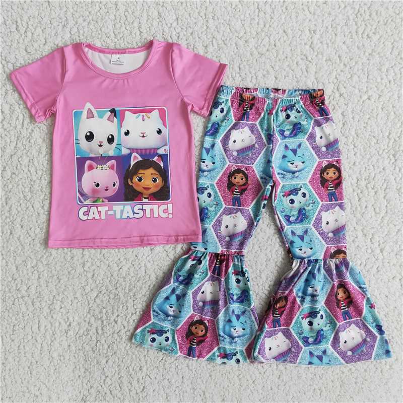 E14-11Cartoon cat short sleeve flare pants suit