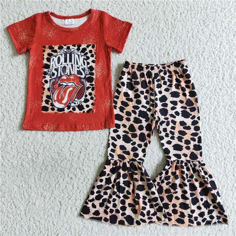 B0-1Summer girl tongue short sleeve leopard print flare pants boutique set wholesale price