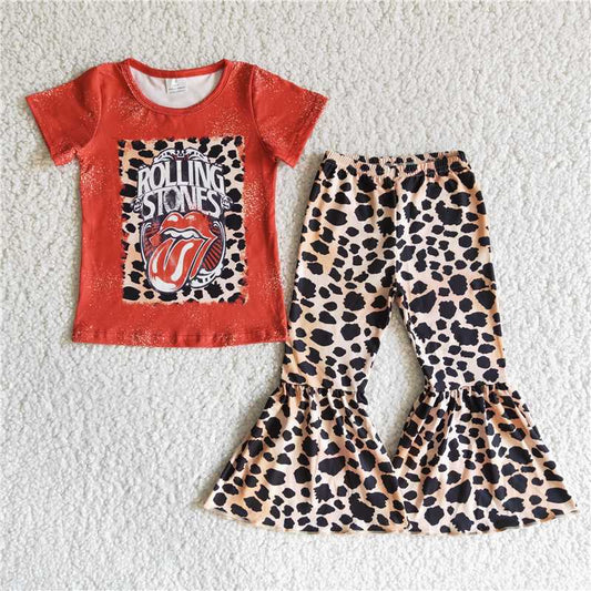 B0-1  Red short-sleeved top with leopard-print flared pants girls