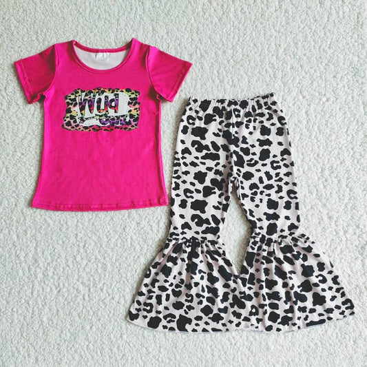 B7-30  Rose red letter short-sleeved top with leopard-print flared pants