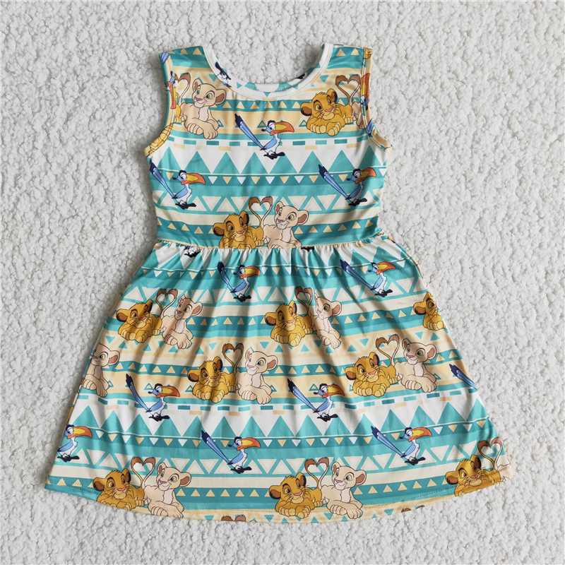 E13-1   Anime Character Bird and Lion Print Short Sleeve Strap Dress