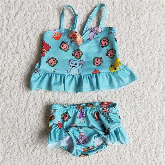 RTS Children Boutique Kids Blue Swimsuits 2pcs Ruffle Baby Girls Toddler Fashion Boutique Outfits Clothing Sets