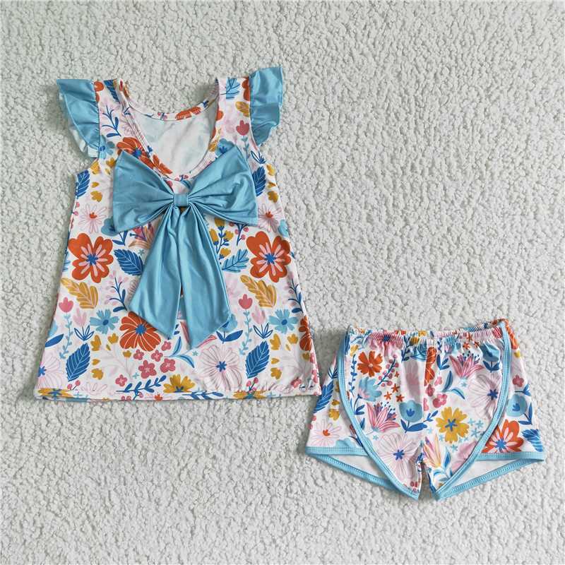 GSSO0098   Floral print large bow sleeveless top with printed shorts