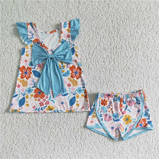 GSSO0098   Floral print large bow sleeveless top with printed shorts