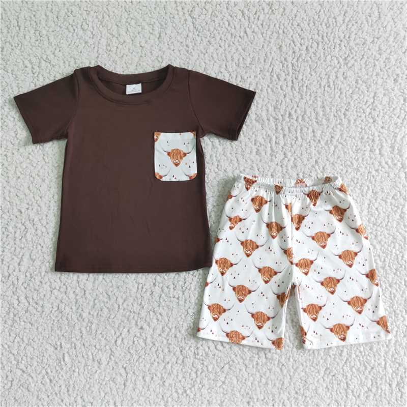 BSSO0032Boys Brown Pocket Short sleeve Alpine Cow Shorts suit