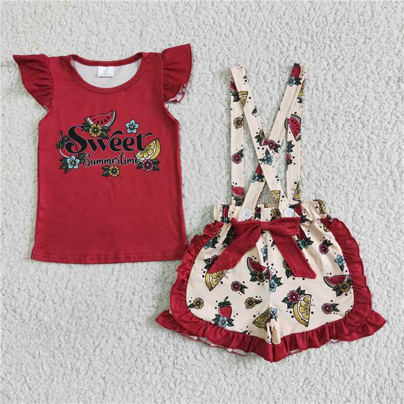 GSSO0114Girl sweet Flying Sleeve Fruit flower bow suspenders shorts suit