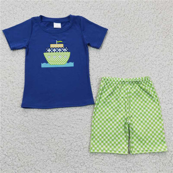 BSSO0097Boy's Embroidered Green Steamer Blue short sleeve shorts suit