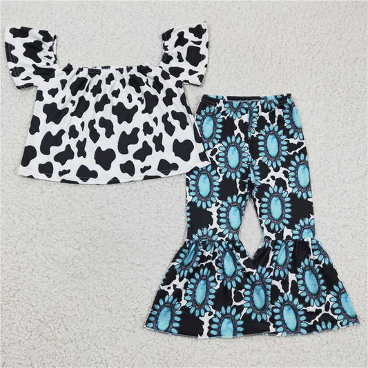 GSPO0351summer new girl girl cow print gem short sleeve trousers set boutique wholesale price