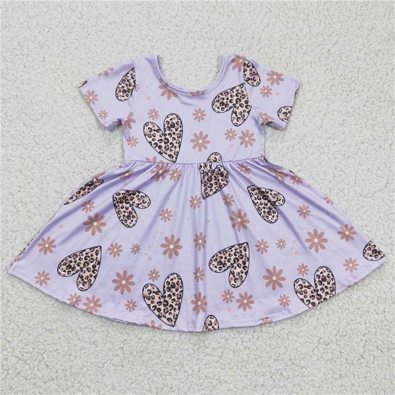 GSD0213Girl leopard print love purple short sleeve dress