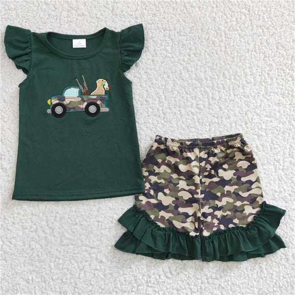 GSSO0145Girl Embroidery Camo Car Dog Green Flying Sleeve Shorts Suit