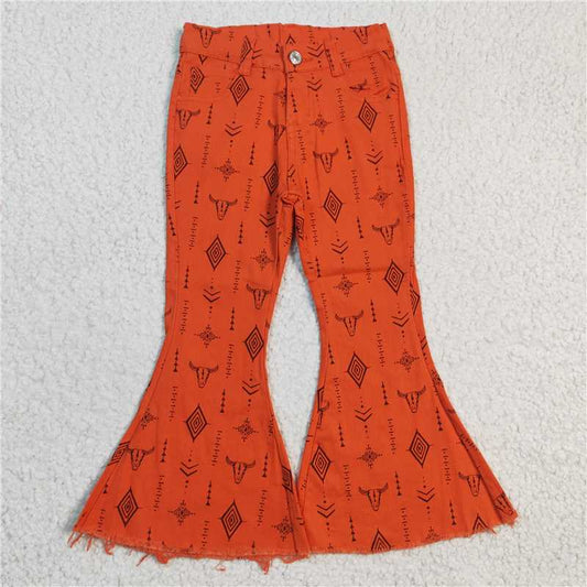 P0045Bull head geometric pattern denim pants orange