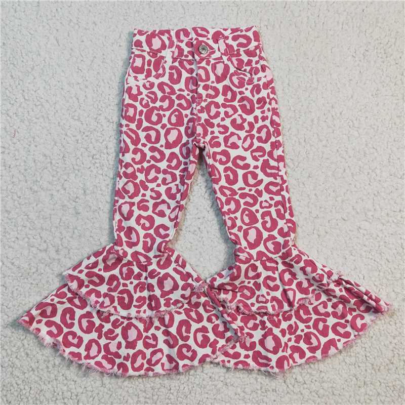 P0044Leopard print denim pants, pink