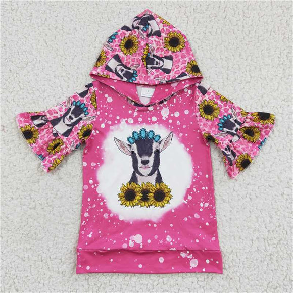 GT0096Girl Cow Sunflower Jewel Rose Red hooded Short sleeve top