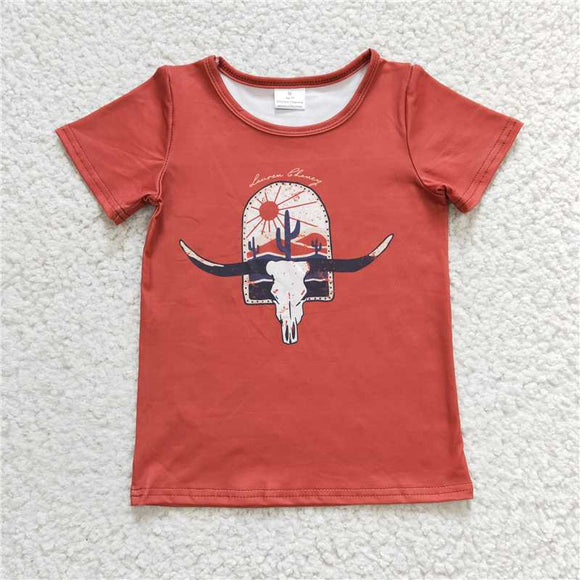 GT0106Girl's Bull Head cactus brown Short Sleeve top