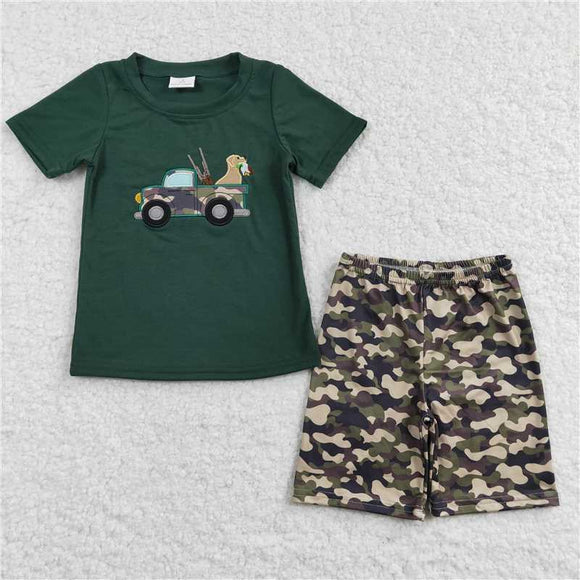 BSSO0111Boy Embroidery Camo Car Dog Green Short Sleeve Shorts suit