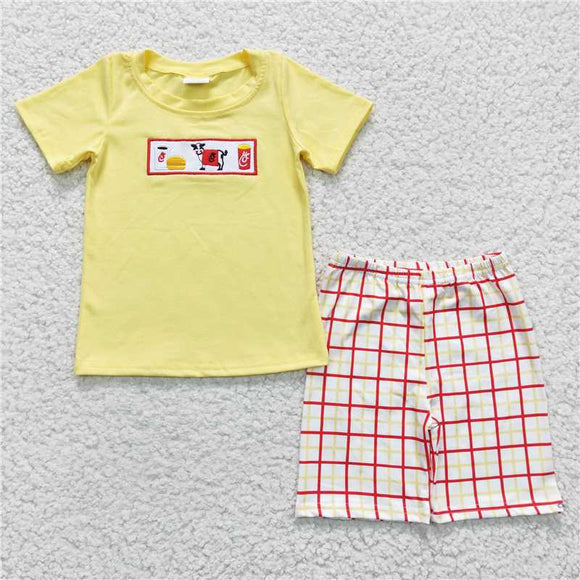 BSSO0112Boy Embroidery Cow Burger Yellow short Sleeve shorts suit