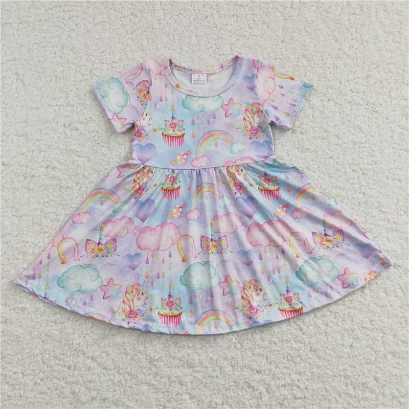 GSD0166 Girls Unicorn Rainbow Short Sleeve Dress