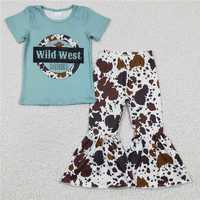 GSPO0291Girls wild west Short Sleeve cream print pants suit