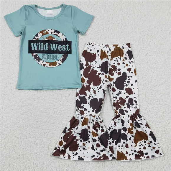 GSPO0291Girls wild west Short Sleeve cream print pants suit