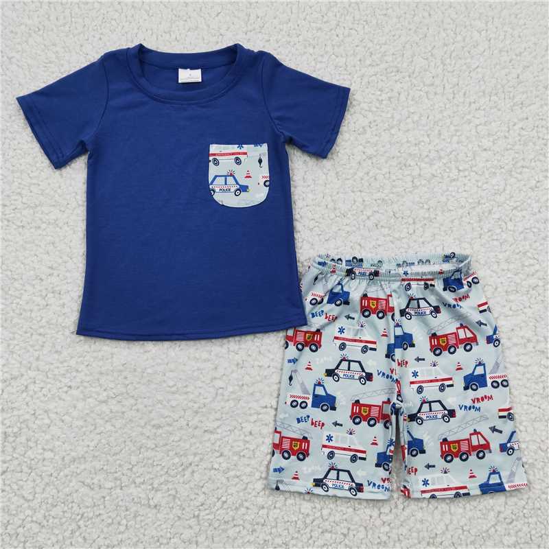 BSSO0121Boys police car fire truck pocket Blue short sleeve shorts suit