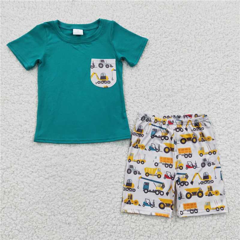 BSSO0118Boy engineering car Excavator pocket Blue short sleeve shorts suit