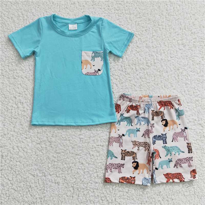 BSSO0119Boy Animal Tiger Lion Pocket Blue Short Sleeve Shorts suit