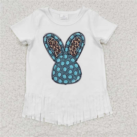 GT0136Girl's Gem Rabbit White tassel Short Sleeve Top