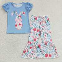 GSPO0460Girls Floral Rabbit Blue Short Sleeve pants suit